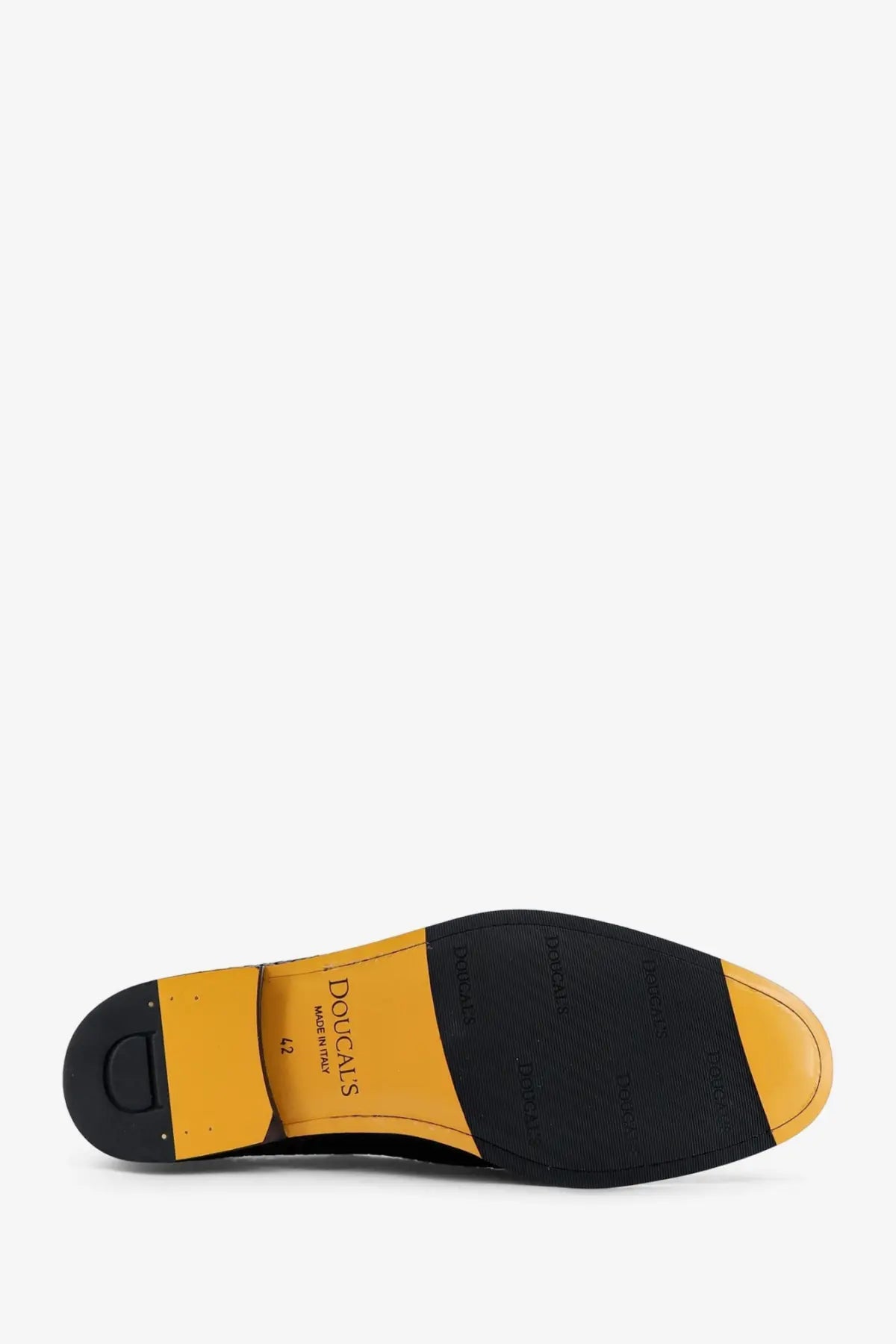 Doucal’s men’s braidy leather loafers black showing black and yellow leather sole with docalis branding