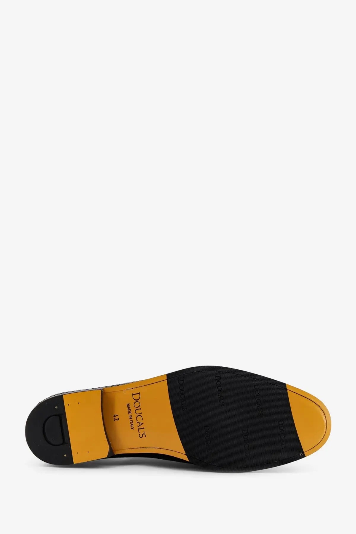 Black and mustard-yellow leather sole of Doucal’s men’s braidy leather loafers gold showing branding