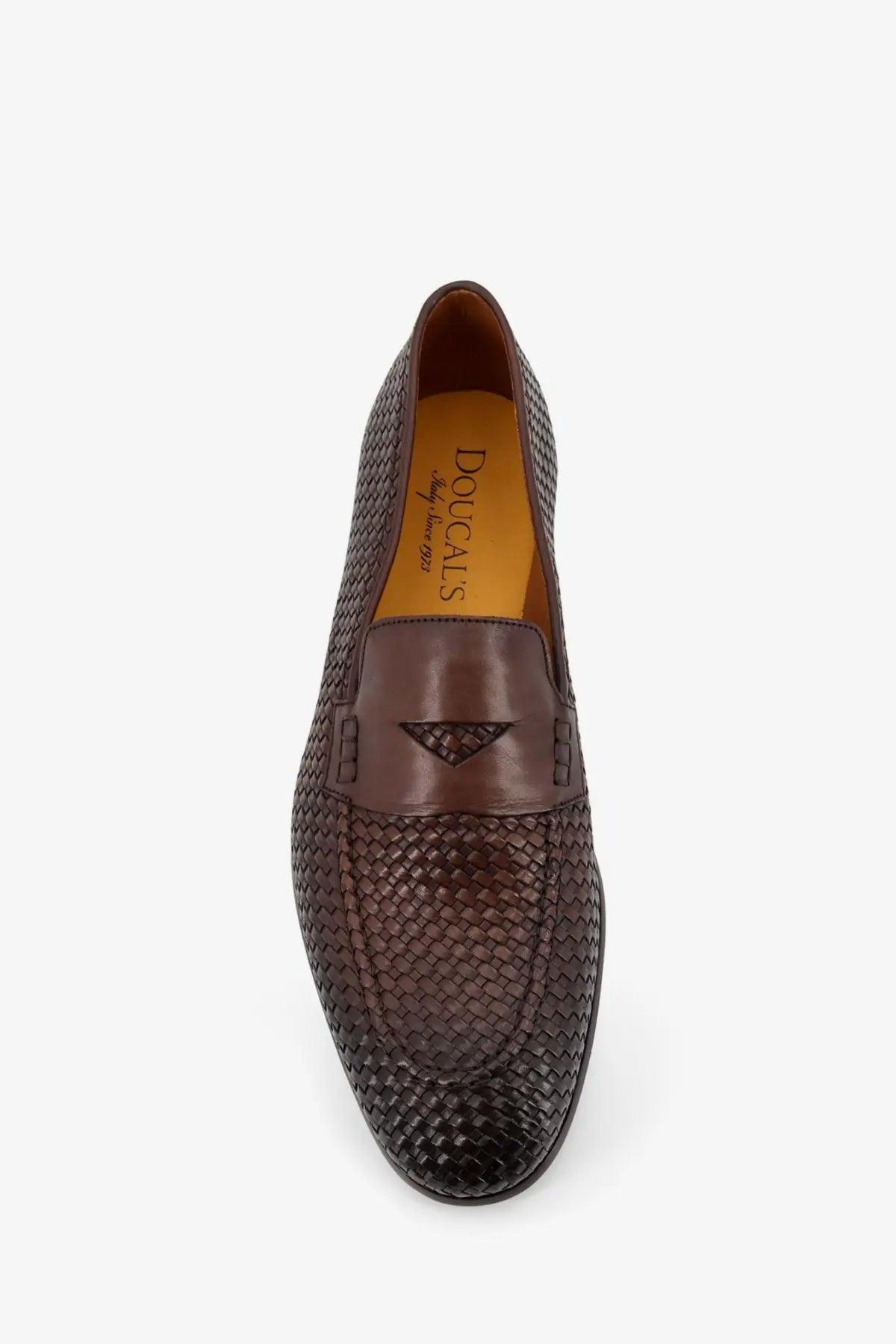Doucal’s men’s braidy leather loafers gold brown woven leather with smooth stitched strap across the toe