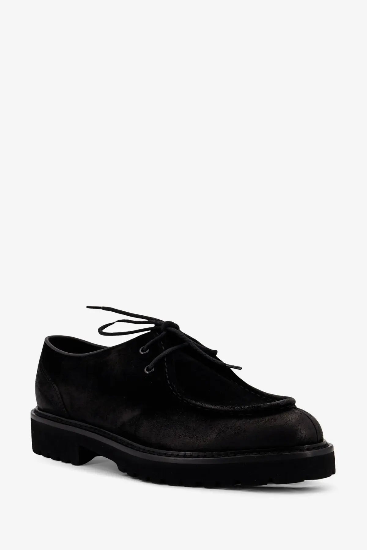 Doucal’s men’s commander black suede lace up oxford shoe with chunky rubber sole viewed from the back