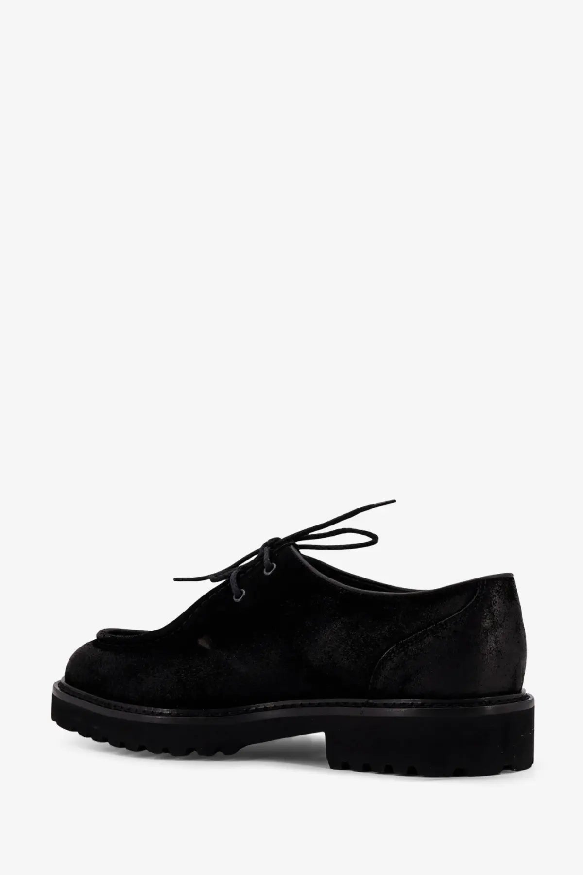 Doucal’s men’s commander black suede lace-up oxford shoe with chunky rubber sole front view
