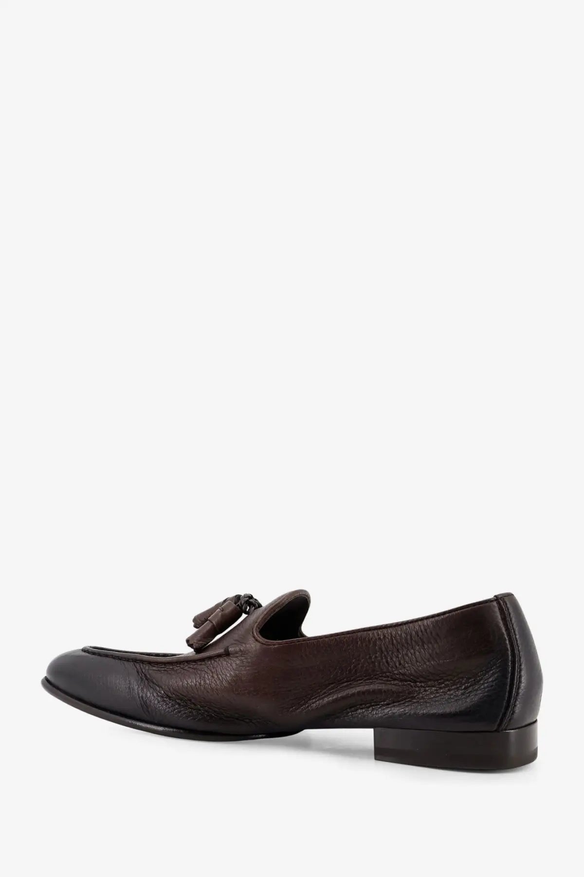Doucal’s men’s daino dark brown leather loafer with tassel detail in gold finish for casual and formal wear