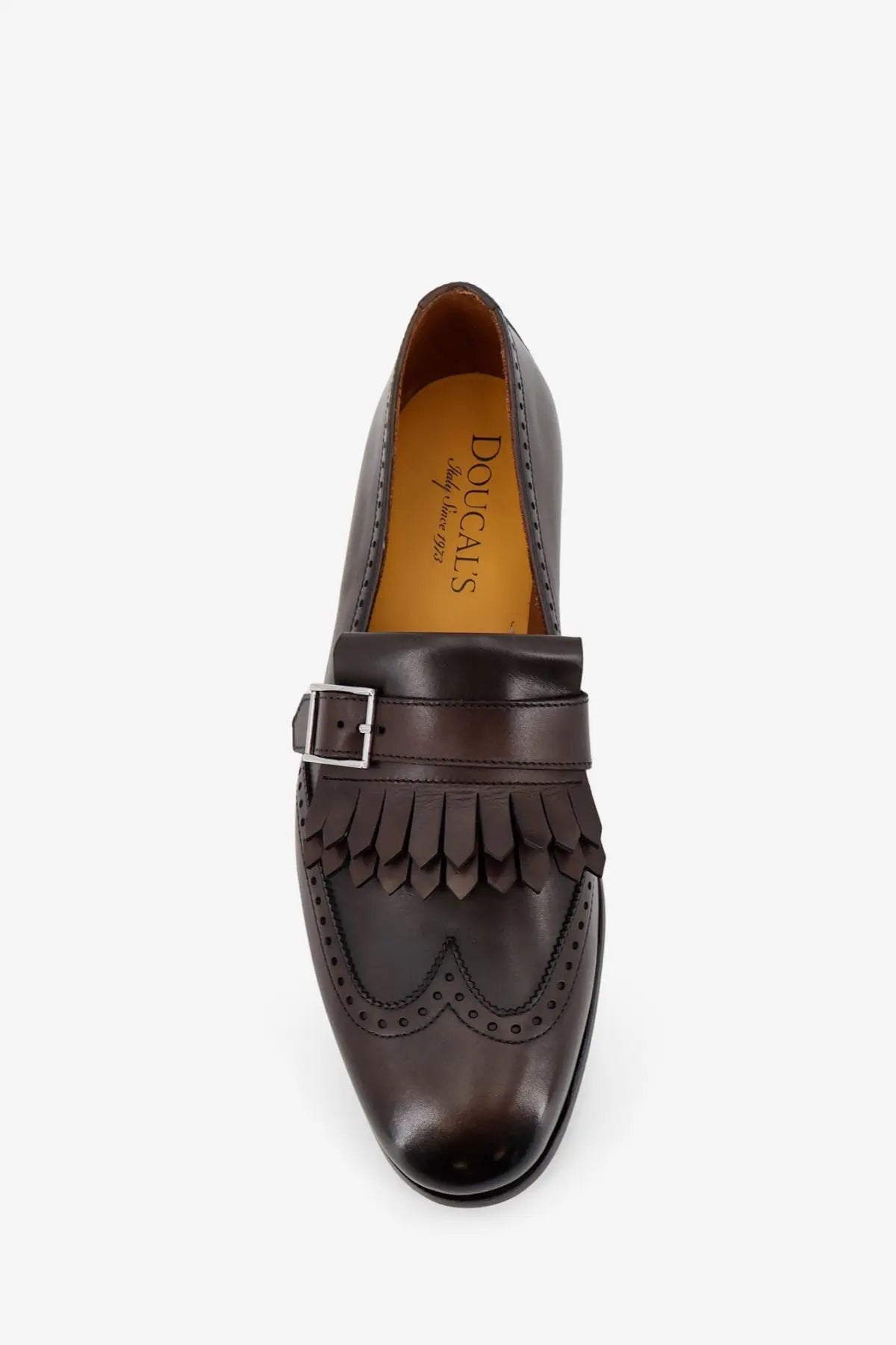Dark brown leather loafer with fringed strap and silver buckle from Doucals mens Decò leather loafers gold collection