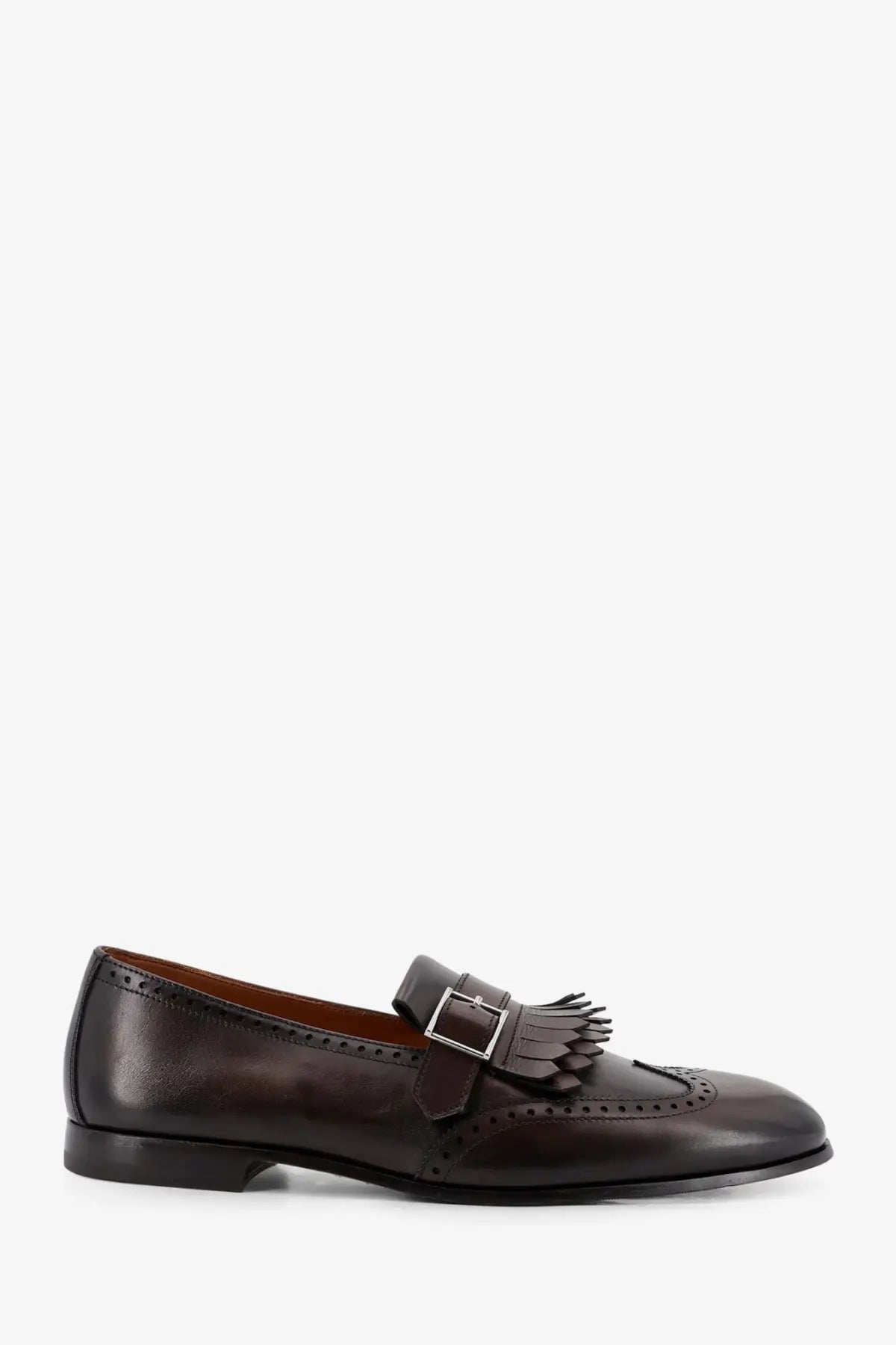 Dark brown leather loafer with silver buckle and fringed tassel detail from doucals men’s decò collection gold