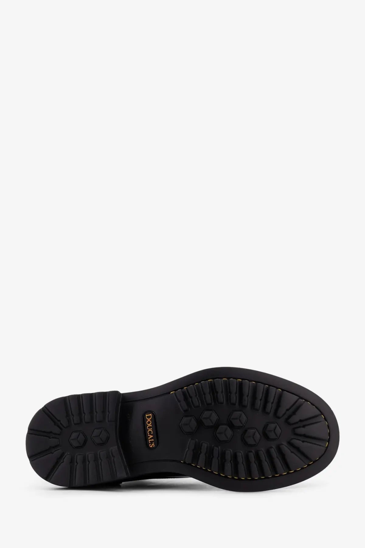 Black rubber sole with hexagonal tread pattern and gold doucal’s branding on men’s horse lace up leather shoes black