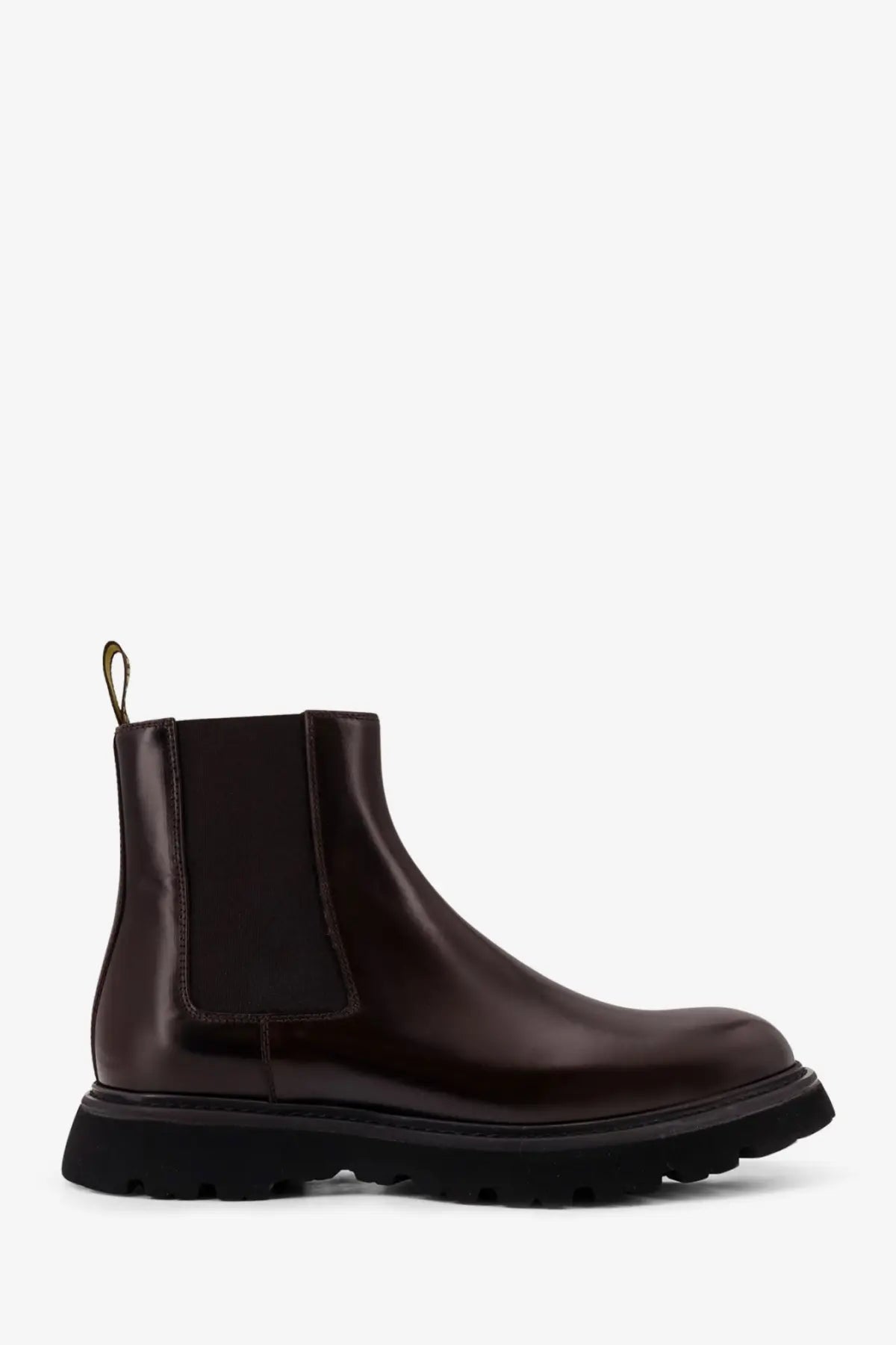 Doucal’s men’s horse leather ankle boots in dark brown with chunky black sole and elastic side panels