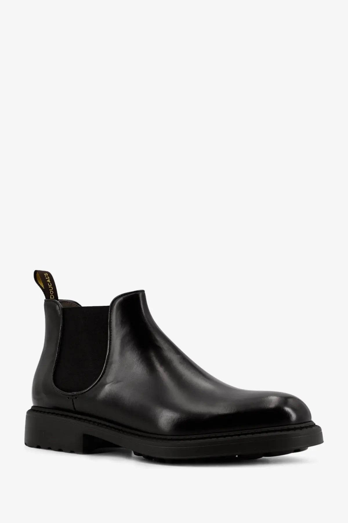 Doucal’s men’s black leather Chelsea boot with chunky rubber sole and elastic side gussets