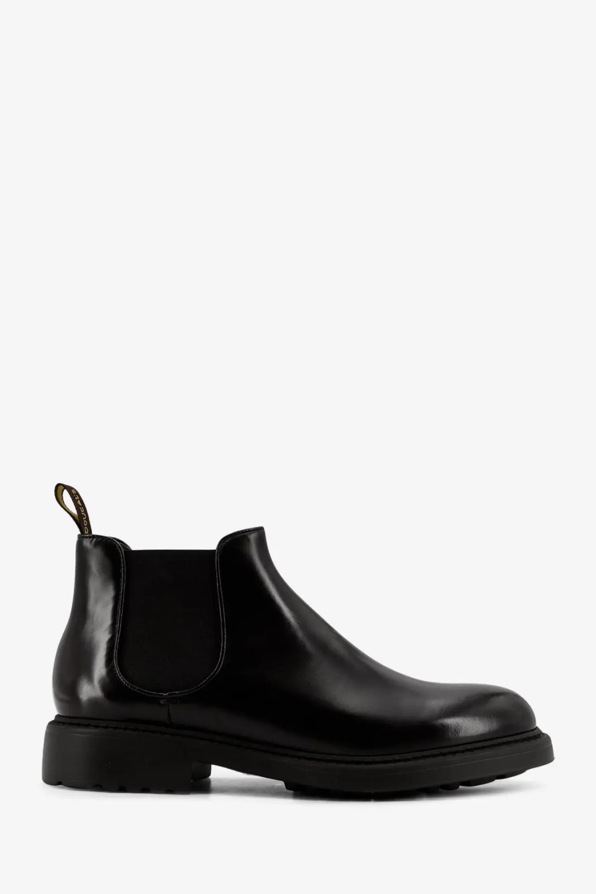 Doucal’s men’s black leather chelsea boot with black patent leather, elastic side gussets, and chunky rubber sole