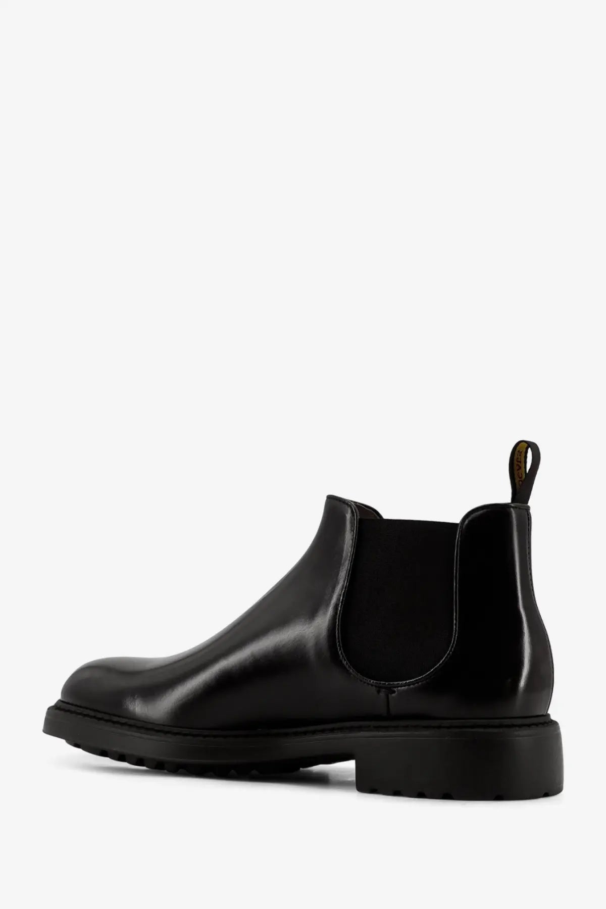 Doucal’s men’s black leather chelsea boot with patent finish chunky rubber sole and elastic side gussets