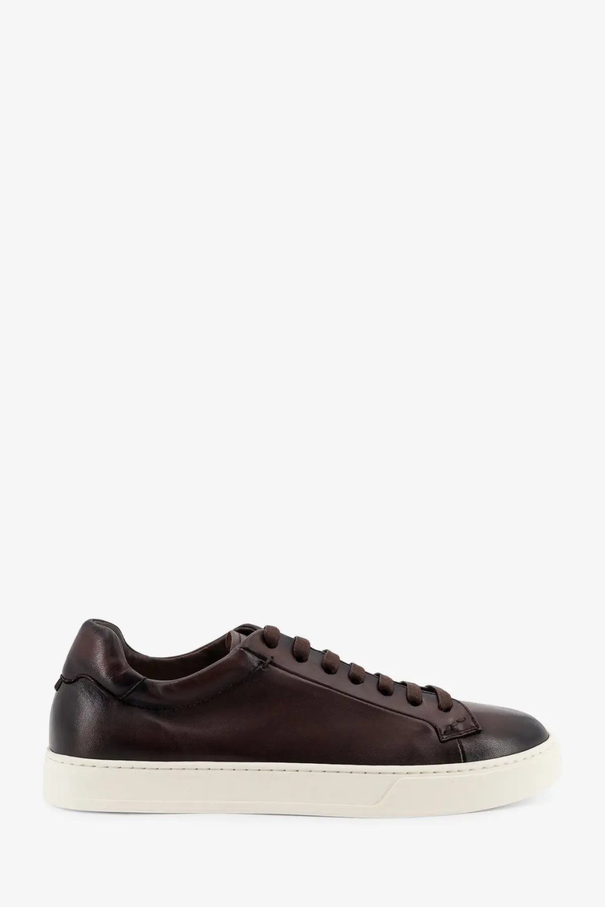 Doucal’s men’s morgan leather sneakers in dark brown leather with white rubber sole low-top design