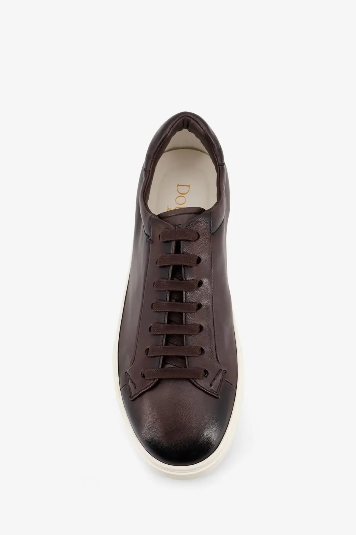 Doucal’s men’s morgan leather sneakers dark brown low-top with white rubber sole and matching laces
