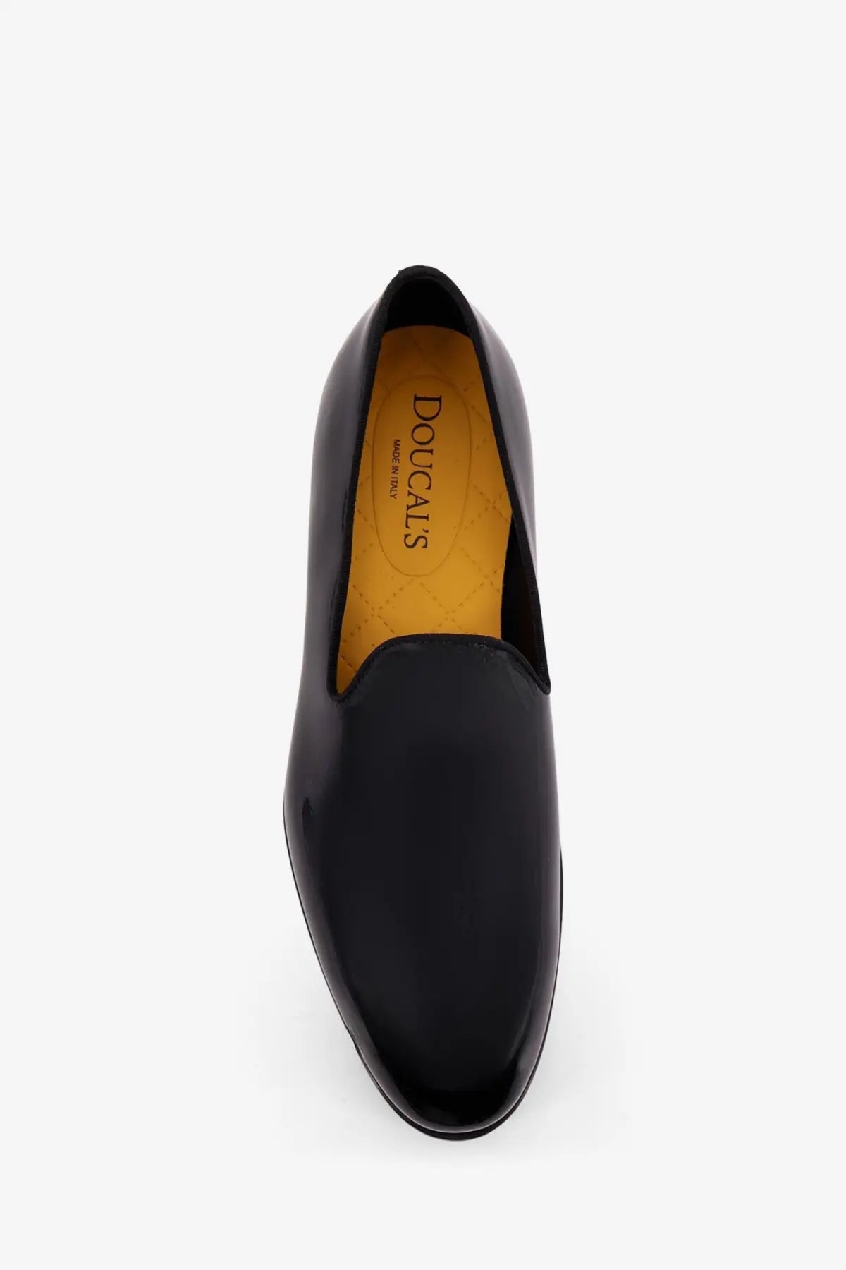 Doucal’s men’s black patent leather slip-on loafers with a sleek polished finish and contrasting yellow insole