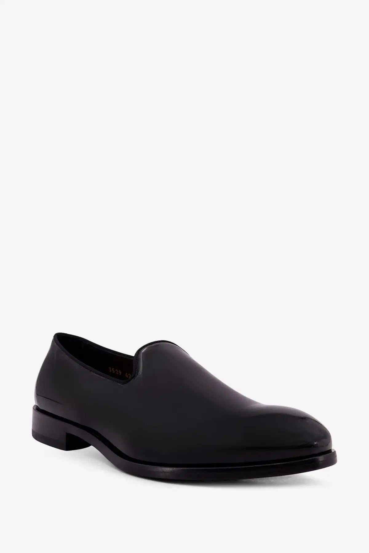 Doucal’s men’s black patent leather slip-on loafer with sleek minimalist design and low block heel