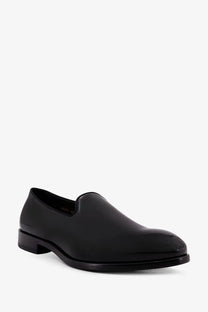 Doucal’s men’s black patent leather slip-on loafer with sleek minimalist design and low block heel