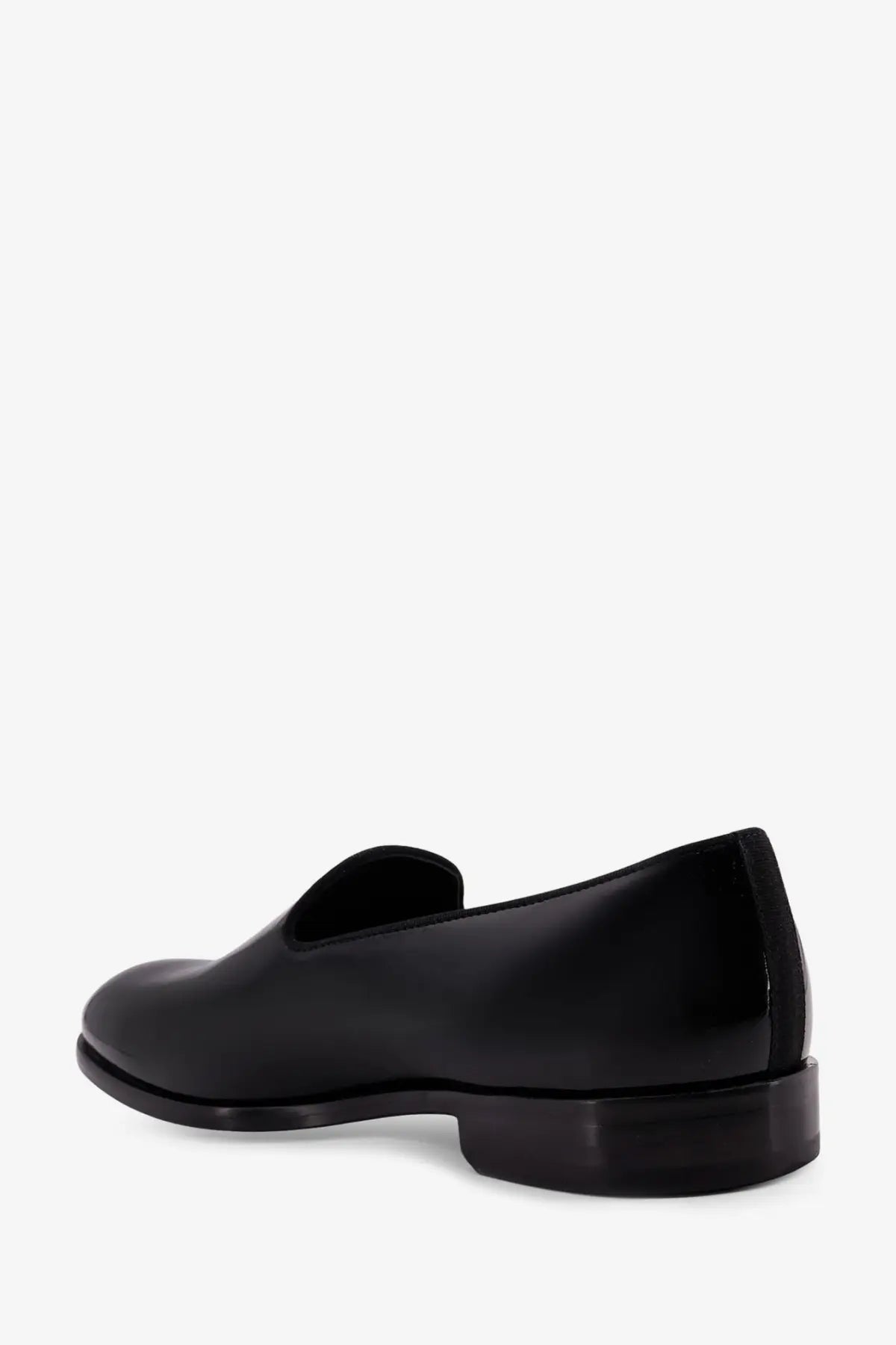 Doucal’s men’s black patent leather slip-on loafer with a sleek minimalist design and low block heel