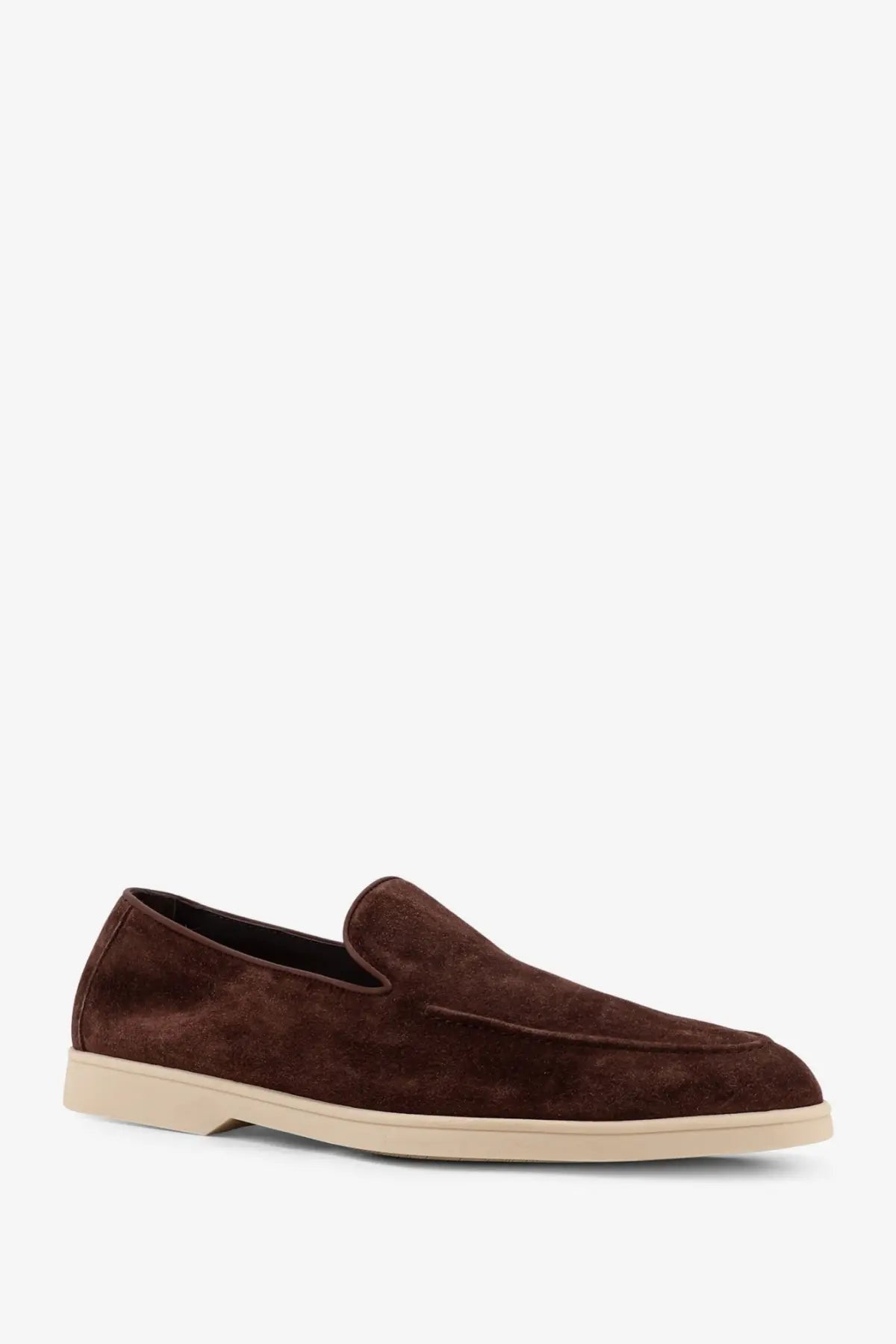 Doucal’s men’s brown suede slip-on loafers with cream-colored rubber sole for casual and smart wear