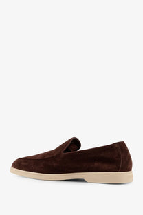 Doucal’s men’s reverse suede loafers in brown with cream-colored rubber sole slip-on design