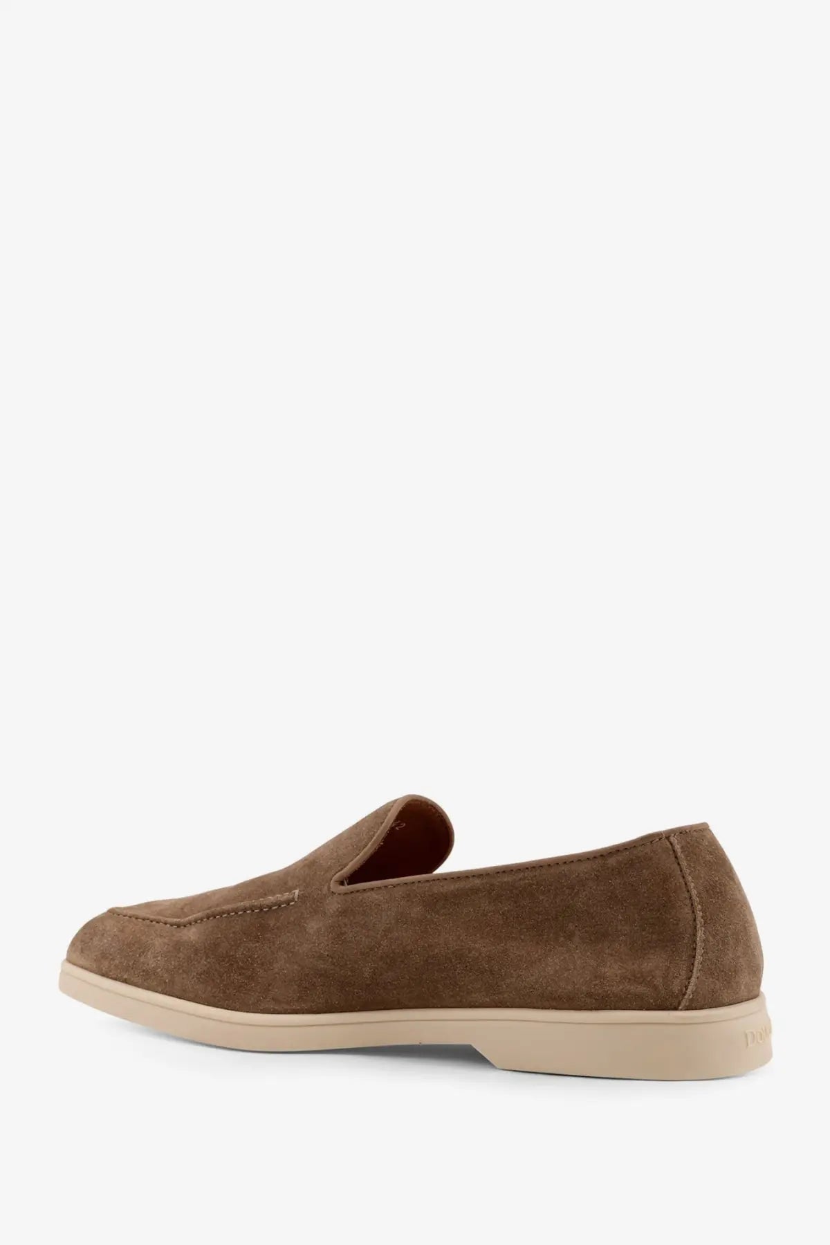 Doucal’s men’s brown suede slip-on loafers with subtle textured pattern and beige rubber sole sesamo model