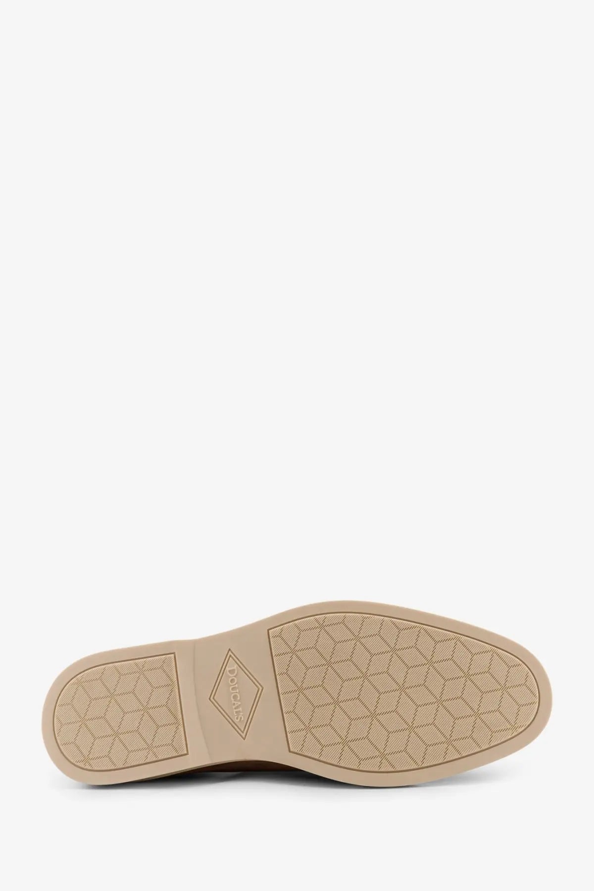 Doucal’s men’s reverse suede loafers sesamo with tan rubber sole featuring geometric hexagonal tread and occhiali logo embossed