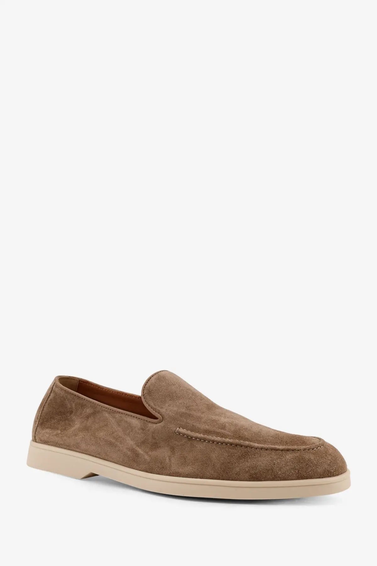 Doucal’s men’s sesamo tan suede slip-on loafers with light beige rubber sole and reverse suede detailing