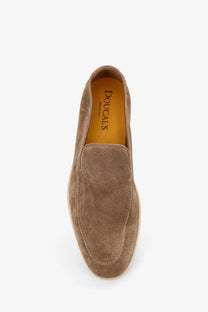 Doucal’s men’s reverse tan suede slip-on loafers with a soft textured upper and contrasting light-colored sole