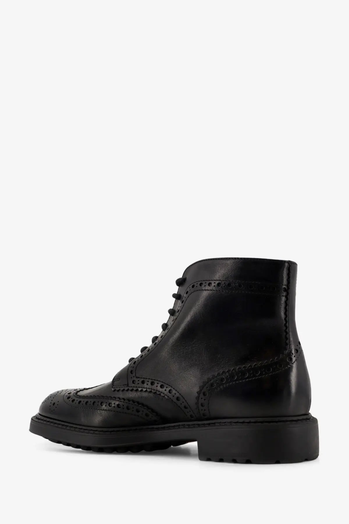 Doucal’s men’s triumph black leather brogue ankle boot with perforated detailing and chunky sole front view