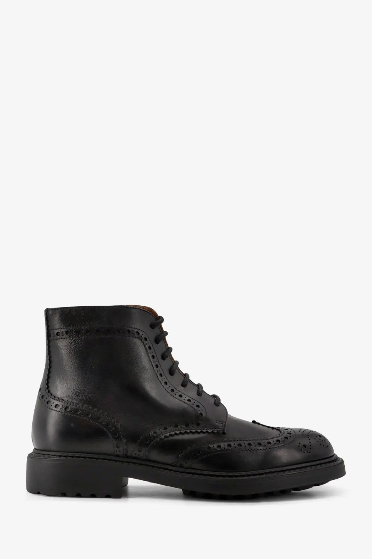 Doucal’s men’s triumph black leather brogue ankle boot with detailed perforated stitching and sturdy rubber sole
