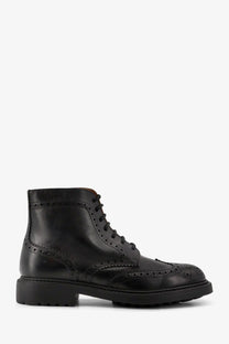 Doucal’s men’s triumph black leather brogue ankle boot with detailed perforated stitching and sturdy rubber sole