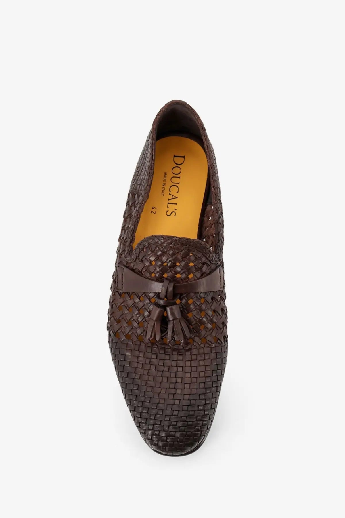 Doucal’s men’s gold brown leather loafers with woven braided pattern and dark brown tassel accent