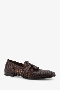 Doucal’s men’s brown woven leather loafer with tassel detail stylish unique gold casual footwear