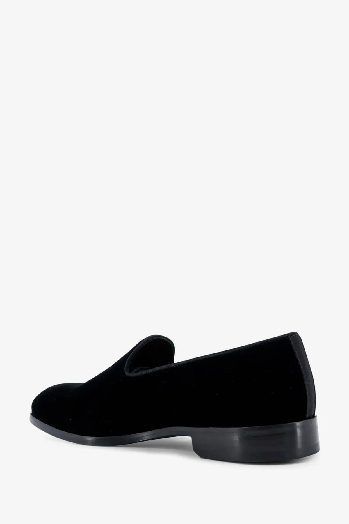Doucal’s men’s black velvet slip-on loafers with low block heel and smooth black sole