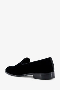 Doucal’s men’s black velvet slip-on loafers with low block heel and smooth black sole