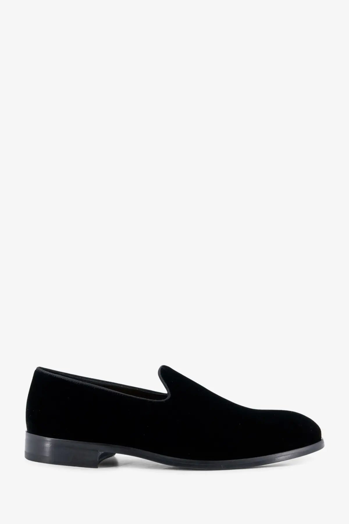 Doucal’s men’s black velvet slip-on loafer with sleek minimalist design and low-profile rubber sole