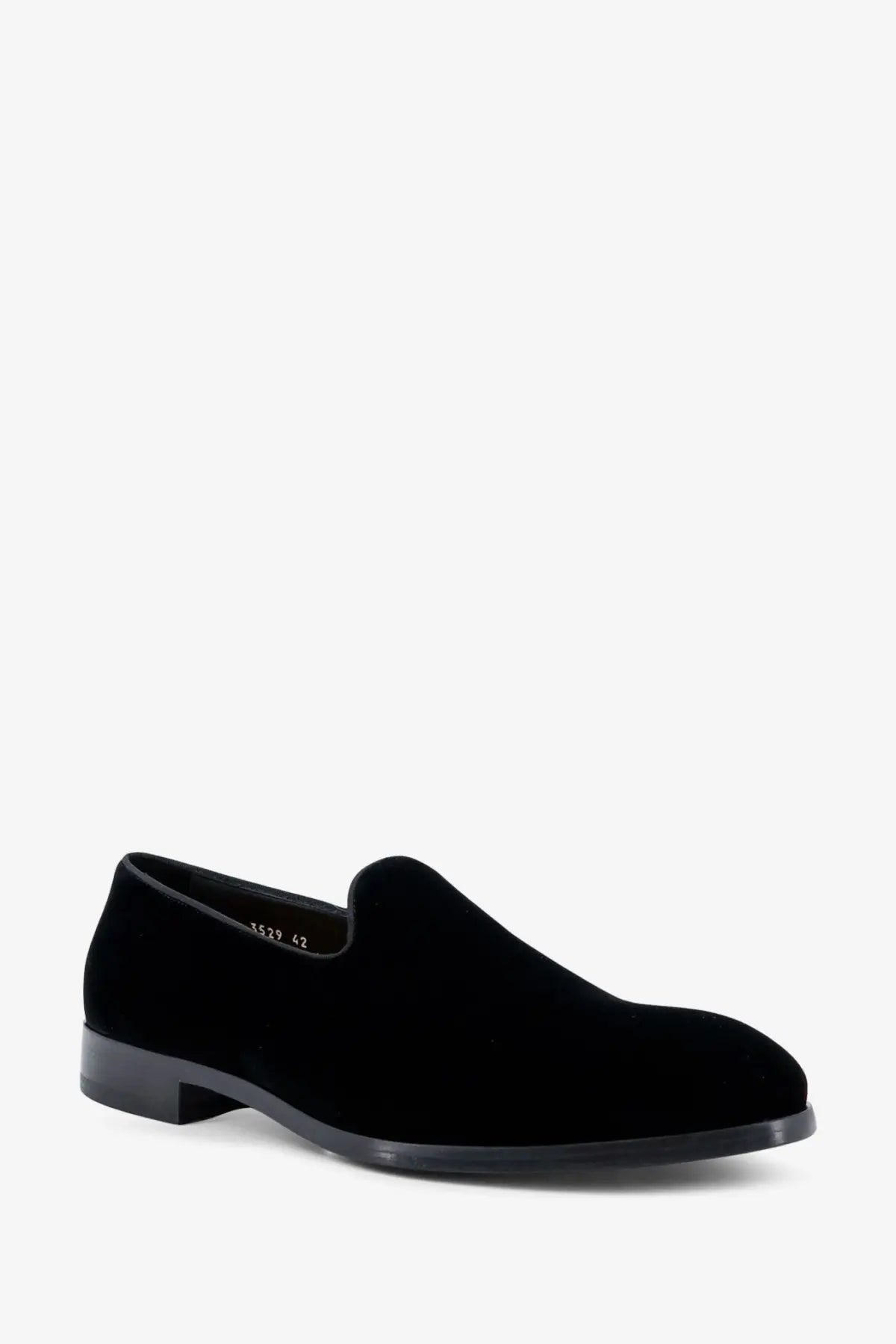Doucal’s men’s black velvet slip-on loafer with sleek low-profile heel and smooth black rubber sole