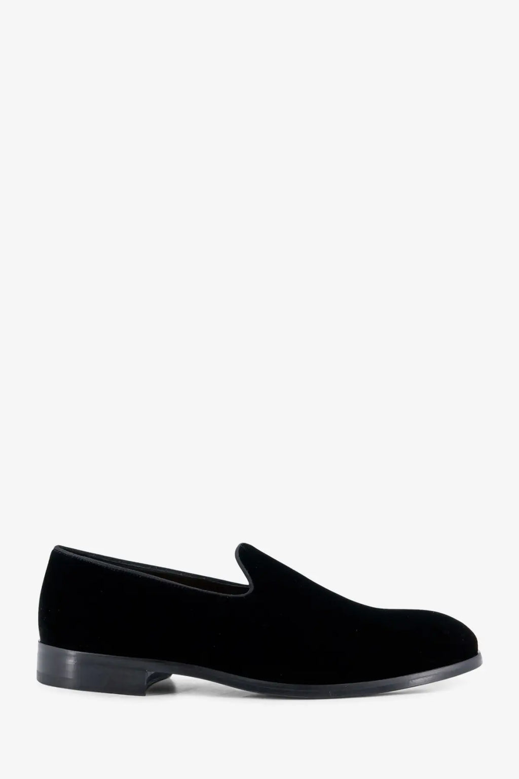 Doucal’s men’s black velvet slip-on loafers with sleek minimalist design and low-profile rubber soles