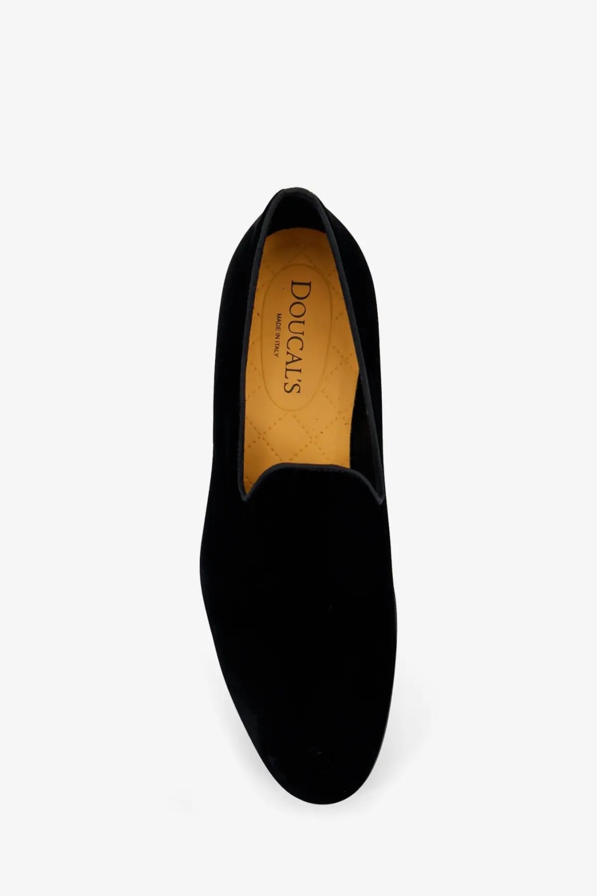 Black suede slip-on loafer with soft matte finish and tan doucal’s branded insole for men