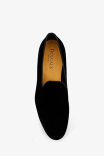 Black suede slip-on loafer with soft matte finish and tan doucal’s branded insole for men