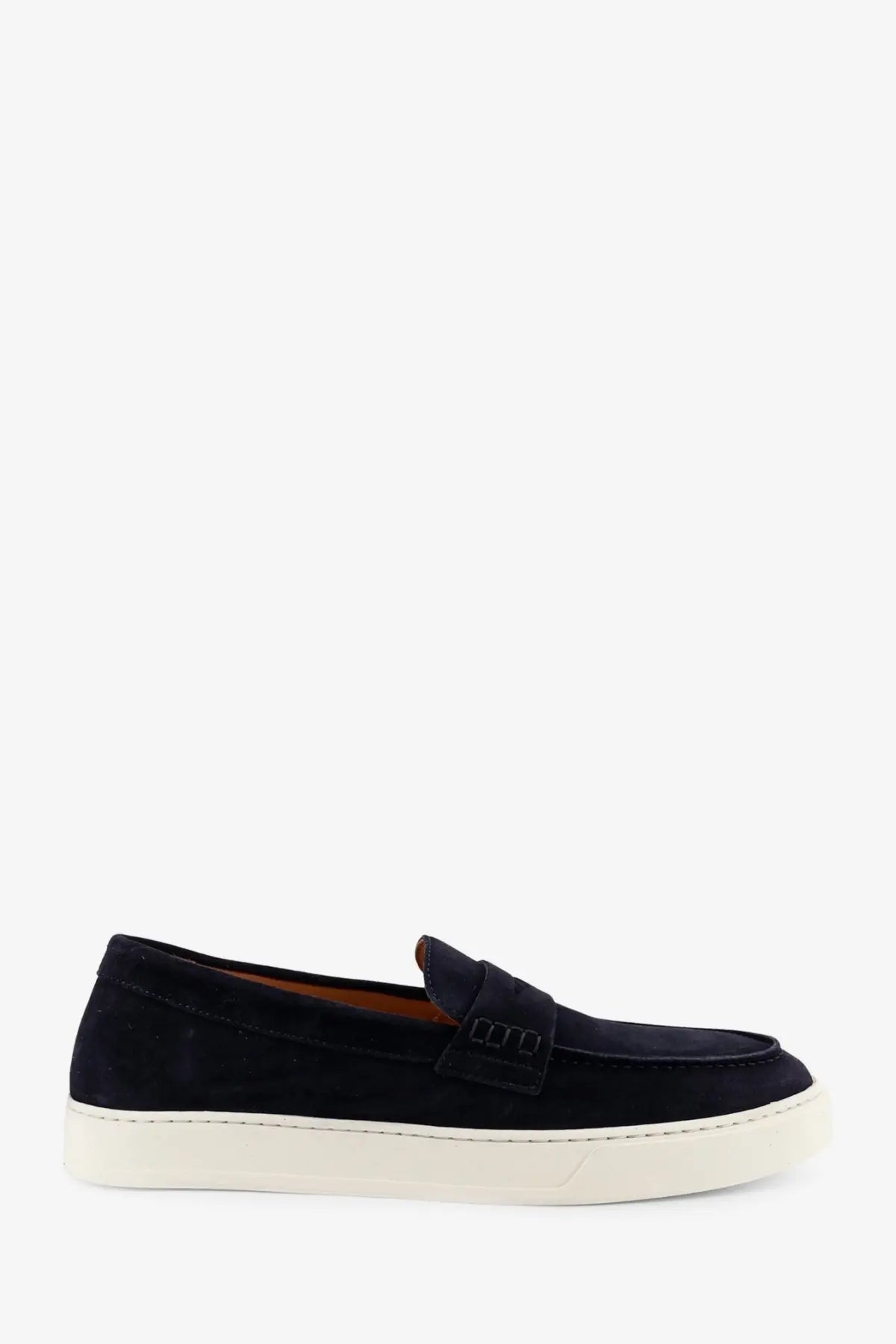 Doucal’s men’s visone suede loafers in black with white rubber sole and stitched leather strap across the toe