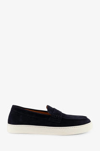 Doucal’s men’s visone suede loafers in black with white rubber sole and stitched leather strap across the toe