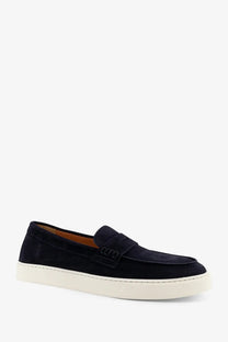 Doucal’s men’s visone suede loafers in black with a white rubber sole and tan interior lining