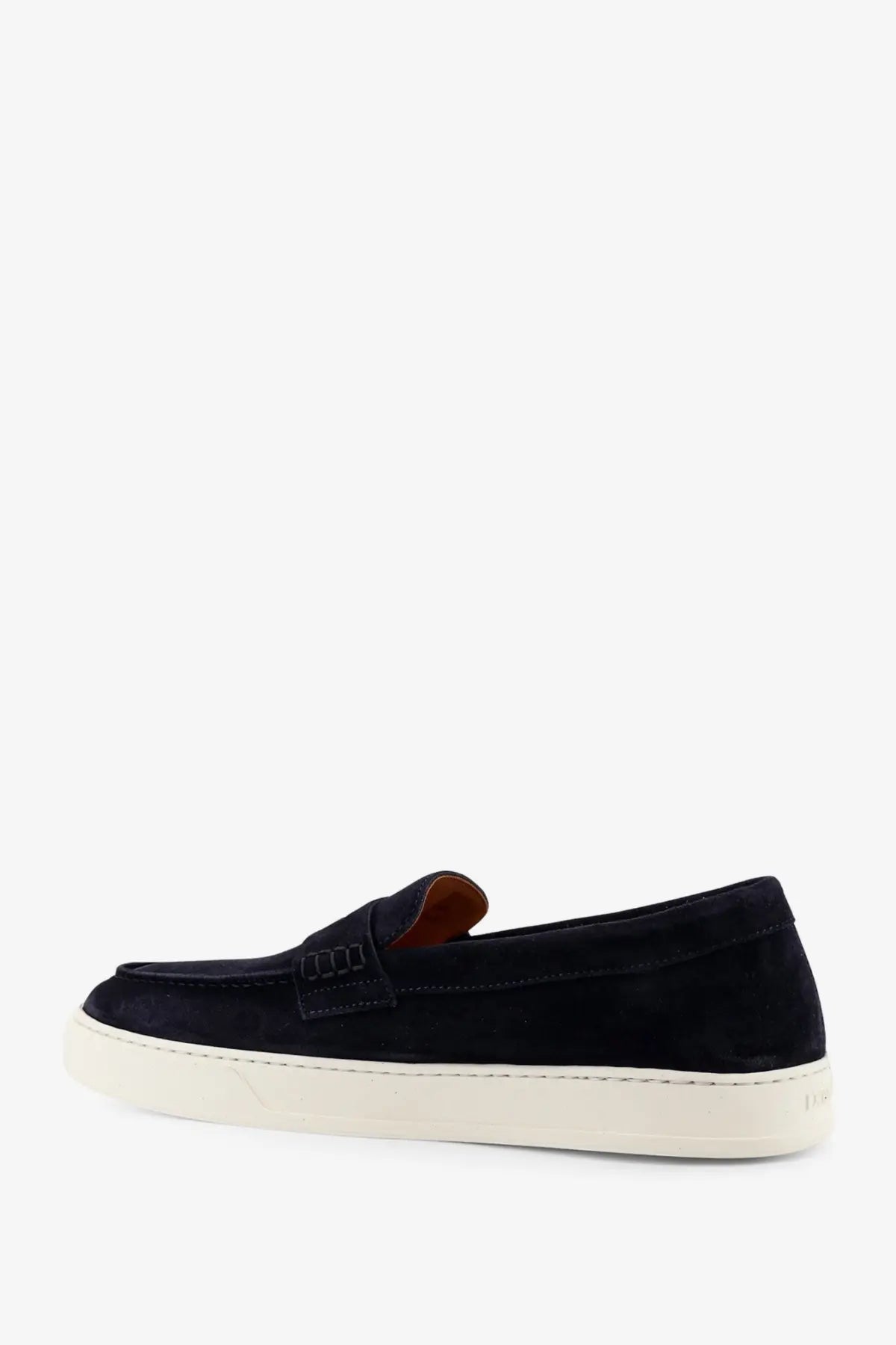Doucal’s men’s visone suede loafers in navy with tan leather lining and white rubber sole