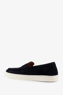 Doucal’s men’s visone suede loafers in navy with tan leather lining and white rubber sole
