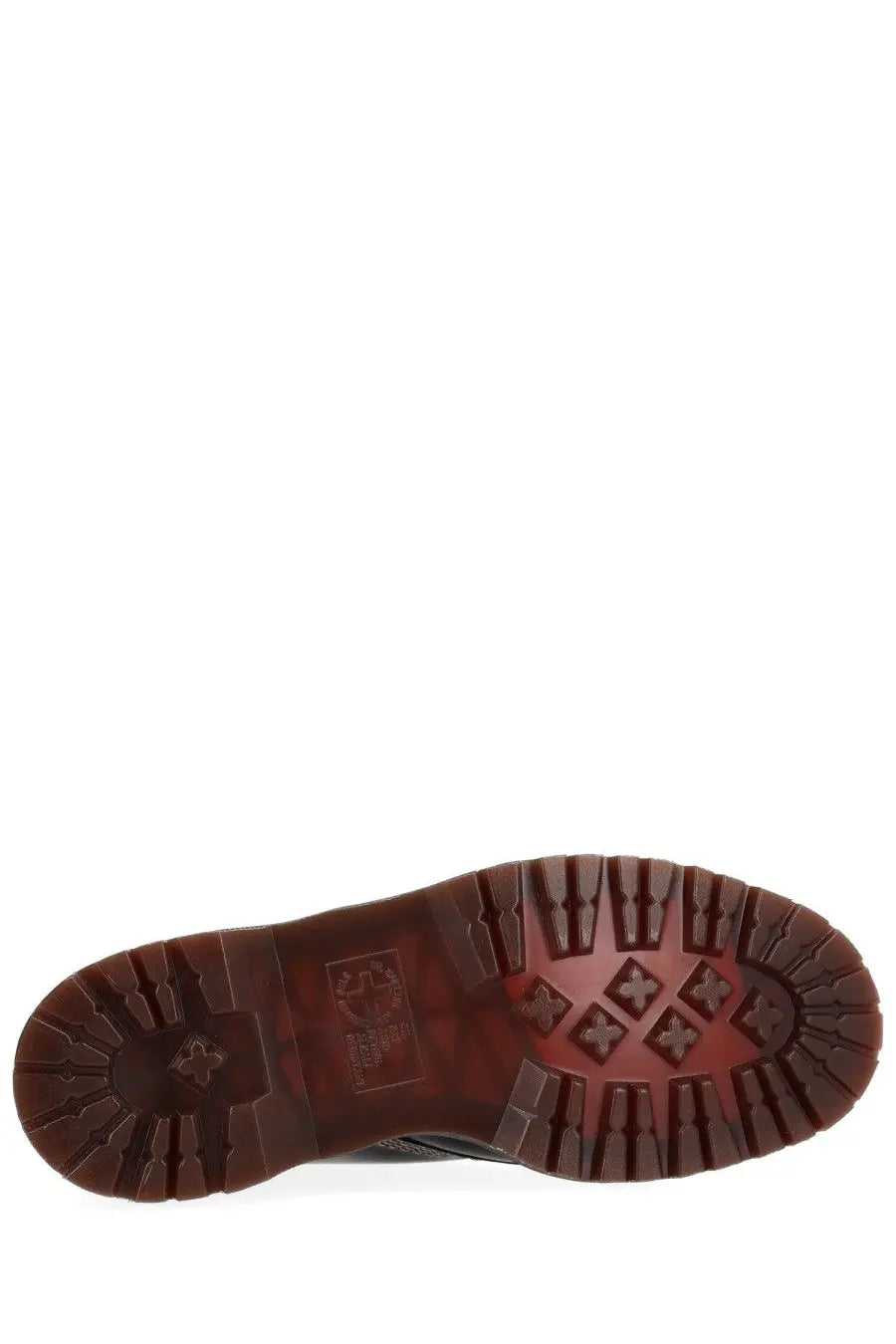 Dark brown rubber sole with textured tread and embossed logo on dr martens men’s boot lowell chukka black