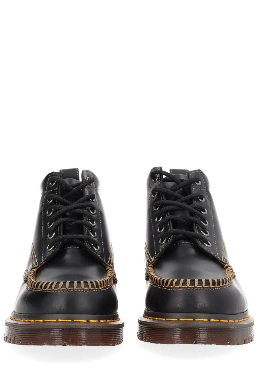 Dr Martens men’s black leather Lowell chukka boot shown from the back side with classic rugged design