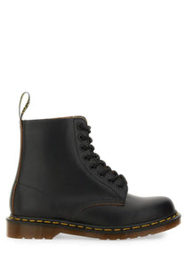 Black leather dr martens men’s boot vintage black showing the back side with classic pull tab and stitching details
