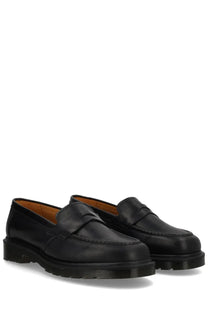 Black leather dr martens unisex mocassino delapre penny shoe showing the back side of the shoe
