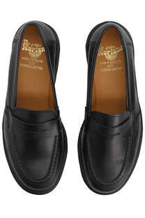 Black leather dr martens unisex mocassino delapre penny shoe showing the back side with moccasin design