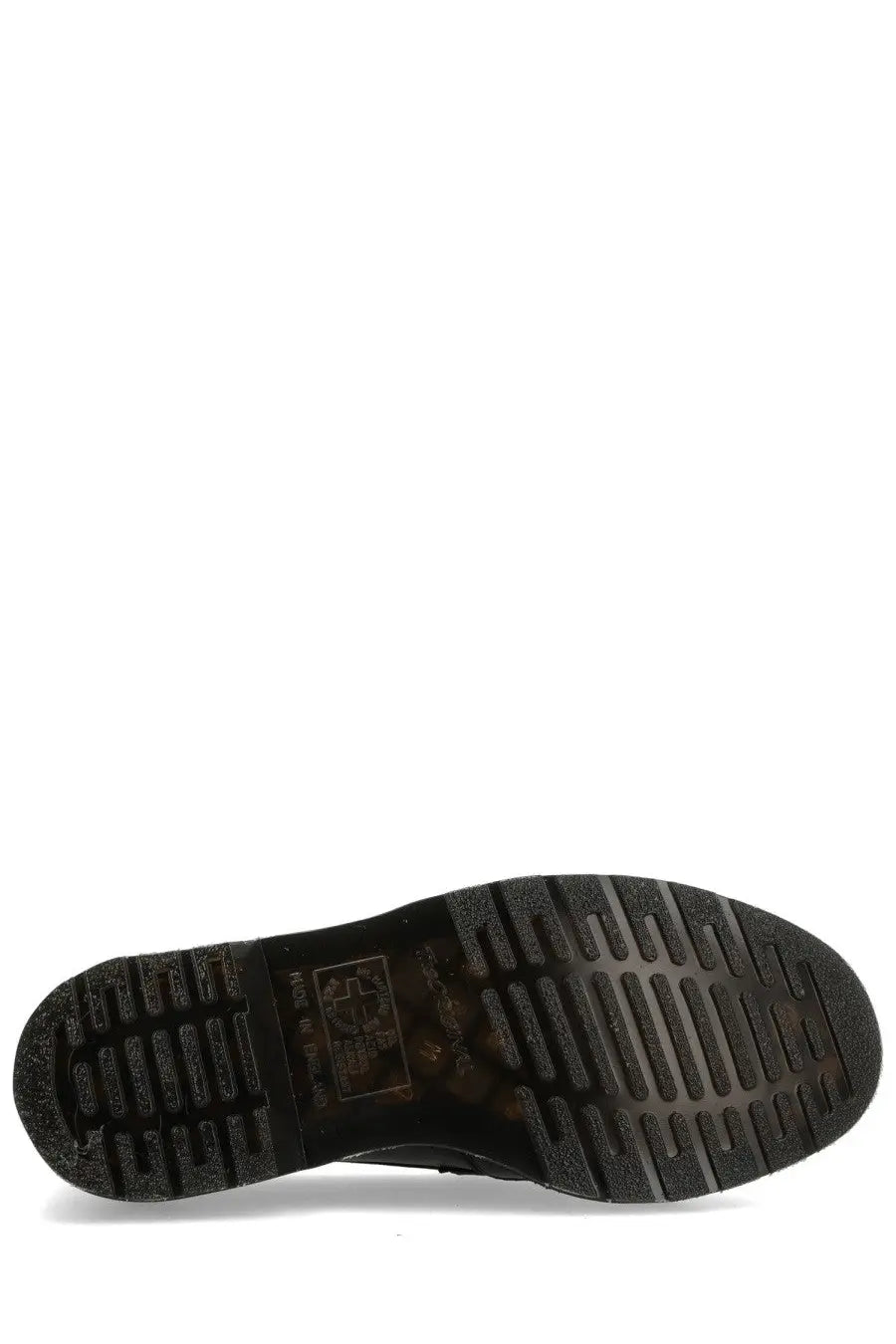 Black rubber sole with textured tread and embossed branding on dr martens unisex mocassino delapre penny black