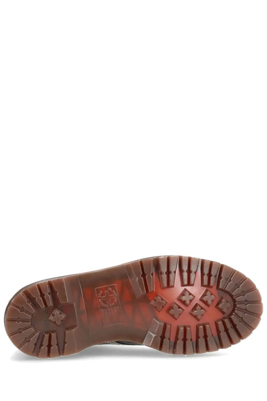 Brown rubber sole with distinctive tread pattern and embossed logo on dr martens unisex mocassino lowell moc toe black