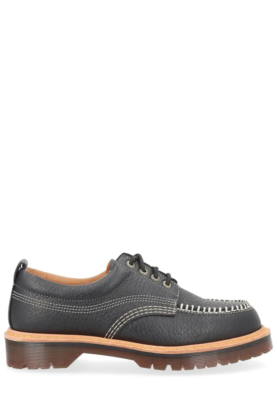 Dr martens unisex mocassino lowell moc toe black dark gray leather lace-up shoe with white stitching and brown rubber sole
